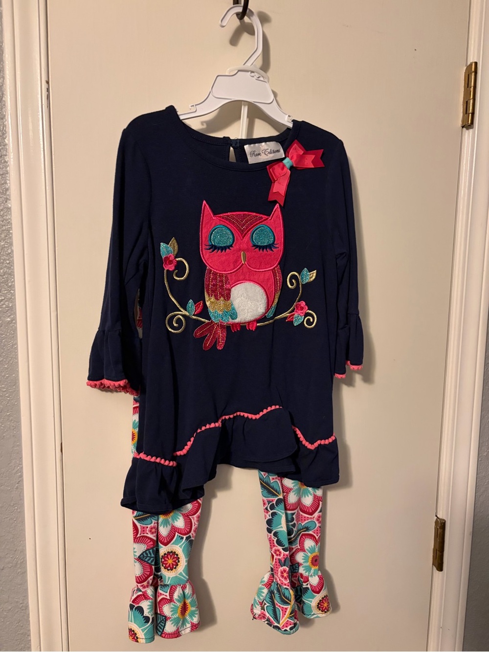 Girls Navy Owl Appliqué Set with Pink Accents